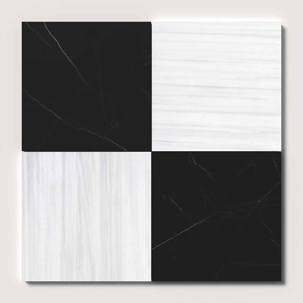 Marble Systems Checkerboard Marble Bianco Dolomiti Classic Black matte tile pattern swatch — available at Surface Group