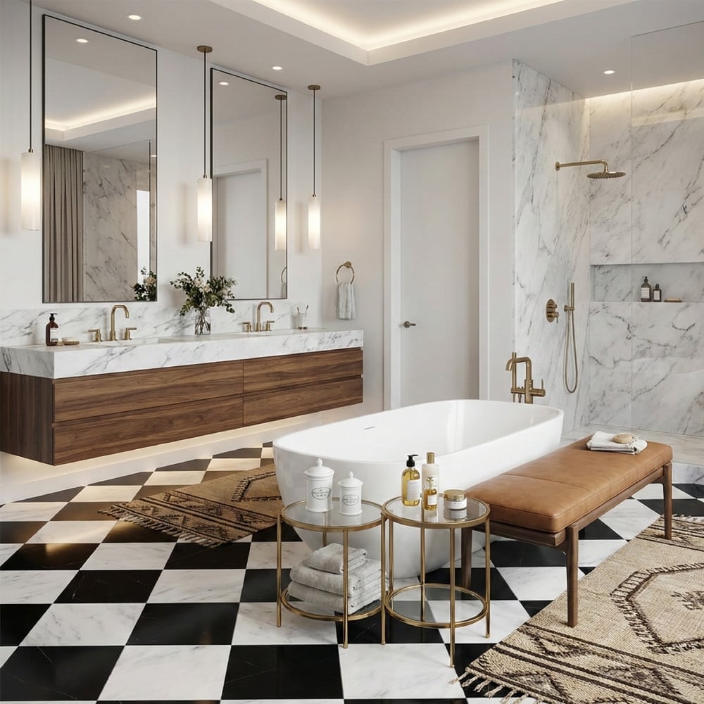 Black, Calacatta Bella Polished Checkerboard Pattern Marble Tiles 18×18 (TL91359)