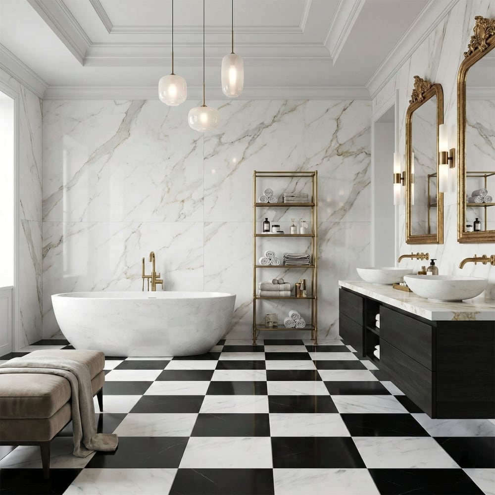 Black, Calacatta Bella Polished Checkerboard Pattern Marble Tiles 18×18 (TL91359)