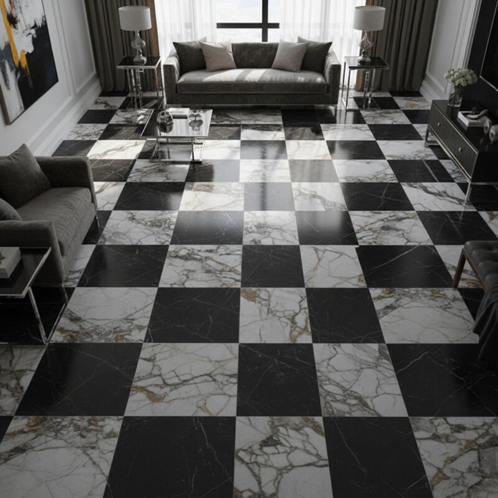 Black, Calacatta Picasso Honed Checkerboard Pattern Marble Tiles 18Γ18 (TL91363)