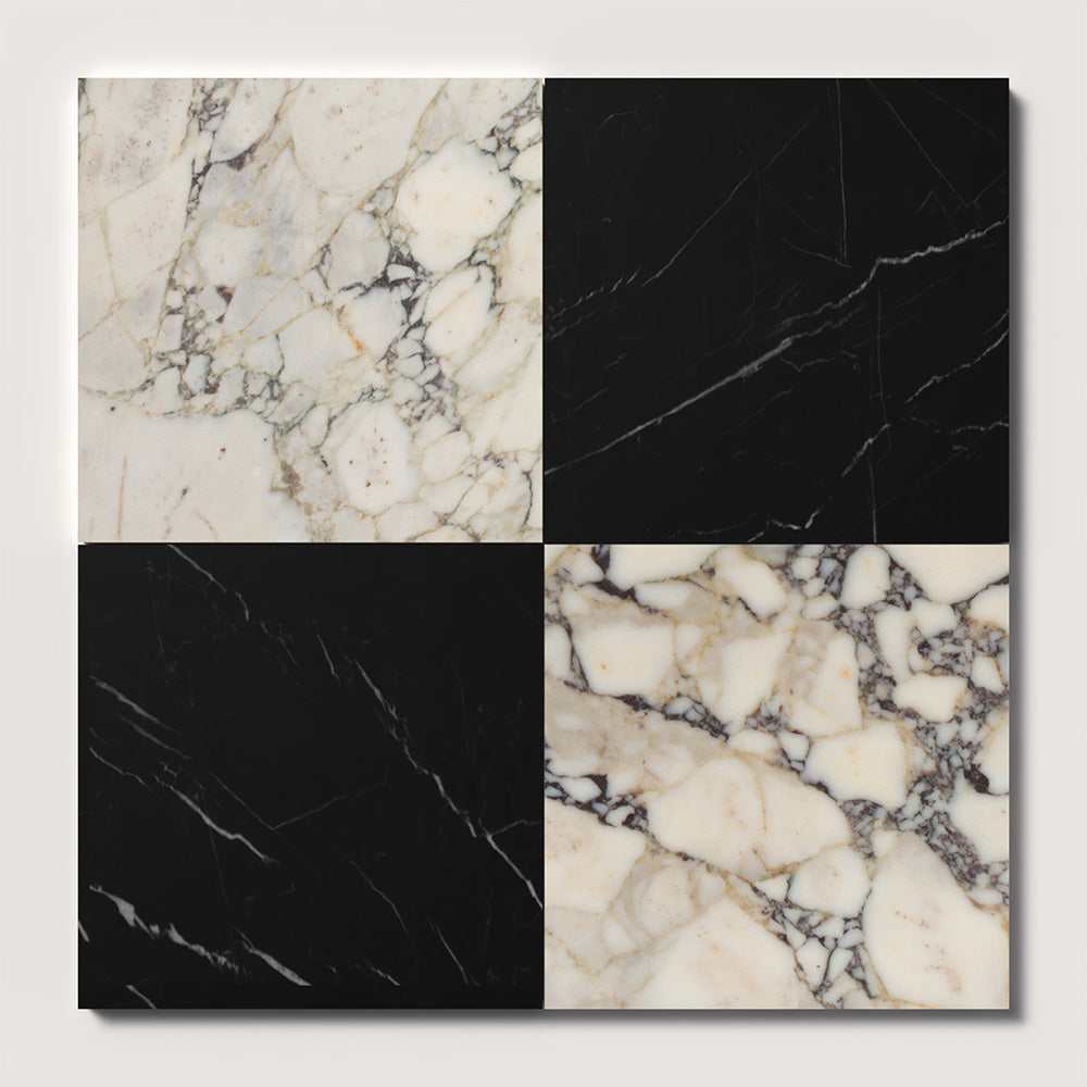 Marble Systems Checkerboard Marble Black Calacatta Picasso matte marble tile pattern swatch — available at Surface Group