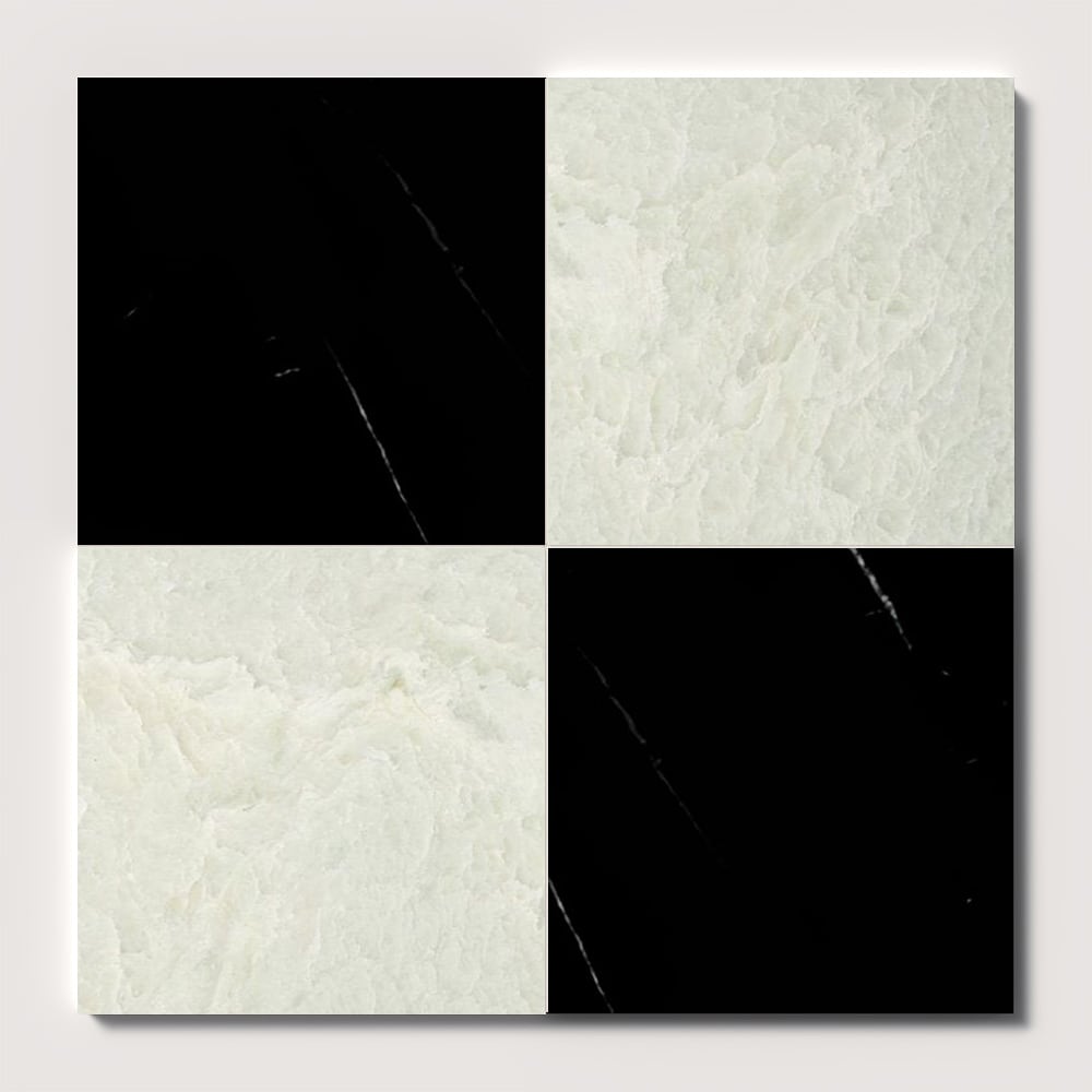 Marble Systems Checkerboard Marble Black Ming Green glossy marble tile pattern swatch — available at Surface Group