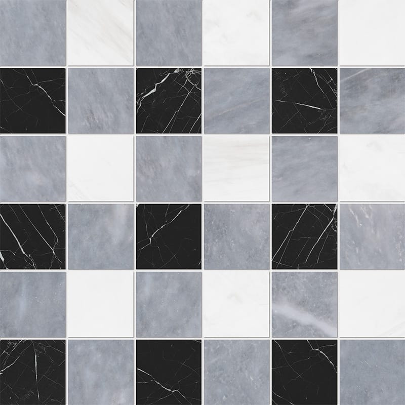 Allure Light, Snow White, Black Honed 2×2 Marble Mosaic 12×12 Image
