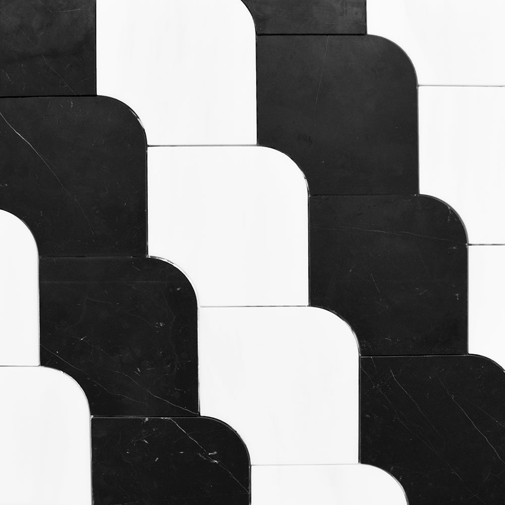 Marble Systems Elements Snow White Black multi finish marble tile pattern swatch — available at Surface Group