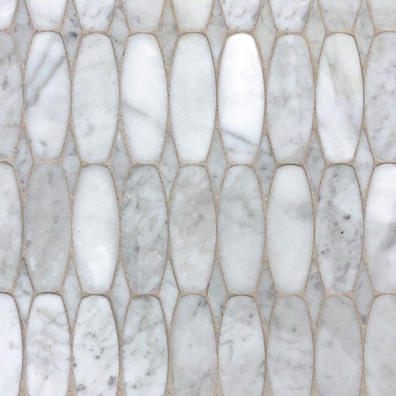Marble Systems Escala Waterjet White Carrara glossy marble tile pattern swatch — available at Surface Group