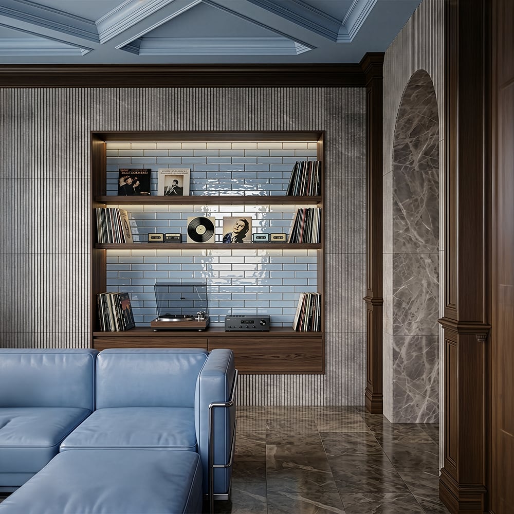 Maroon Di Notte Leather Ethan Marble Tiles 6×24 (ML01107) Brooklyn Glossy Thin Brick Tiles 2 1/4×7 7/8 (TL80563)