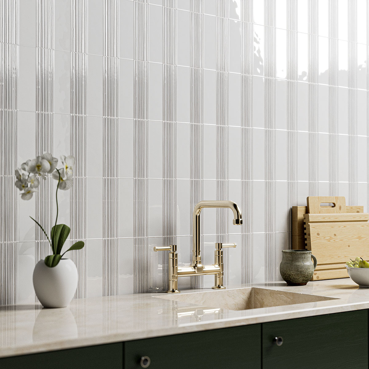 Royal White Glossy Legato Thin Brick Wall Decos 2 1/4×7 7/8 (TL80582) Royal White Glossy Thin Brick Tile 2 1/4×7 7/8 (TL80564)