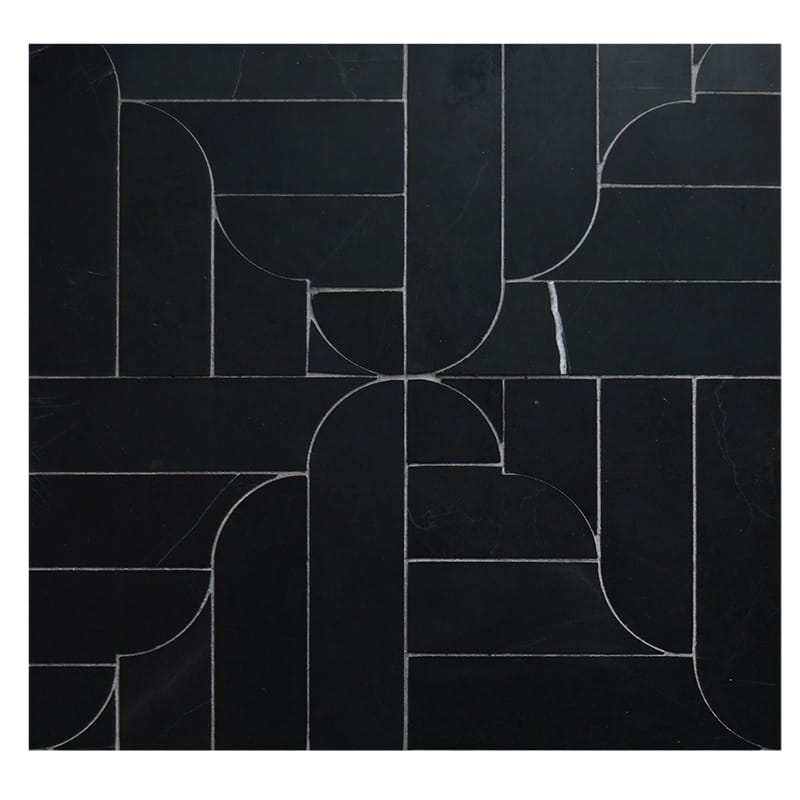 Marble Systems French Parquet Marble Black matte marble tile pattern swatch — available at Surface Group