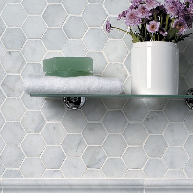 Glacier Honed Hexagon Marble Mosaic 10 3/8×12 (MS00677) Glacier Honed Marble Tile 2 3/4×5 1/2 (TL13302) Glacier Honed Andorra Marble Moldings 2×12 (ML00505)