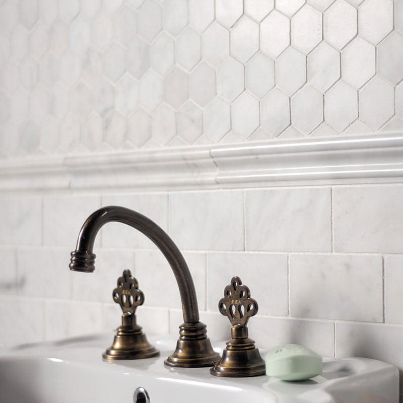 Glacier Honed Hexagon Marble Mosaic 10 3/8×12 (MS00677) Glacier Honed Marble Tile 2 3/4×5 1/2 (TL13302) Glacier Honed Andorra Marble Moldings 2×12 (ML00505)