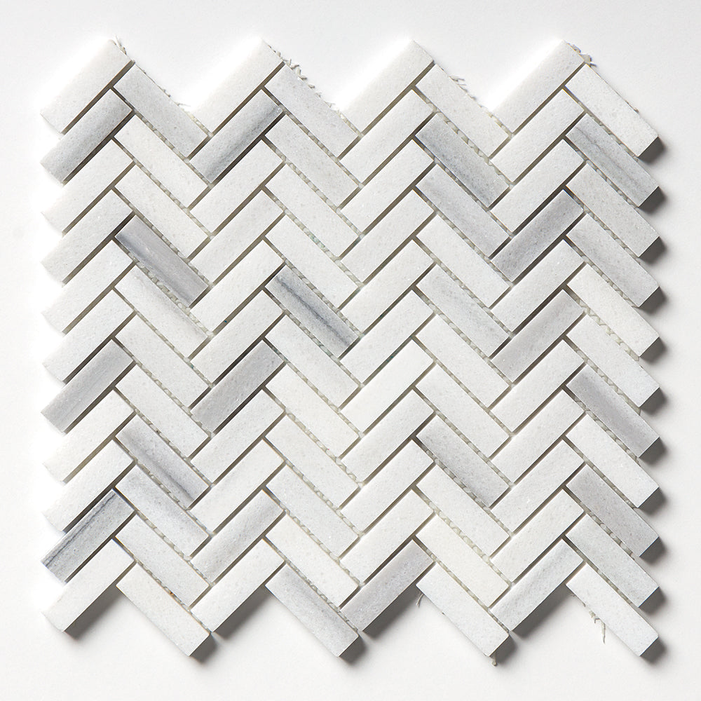 Frost White Honed Herringbone Marble Mosaic 12 1/8Γ13 3/8 Image