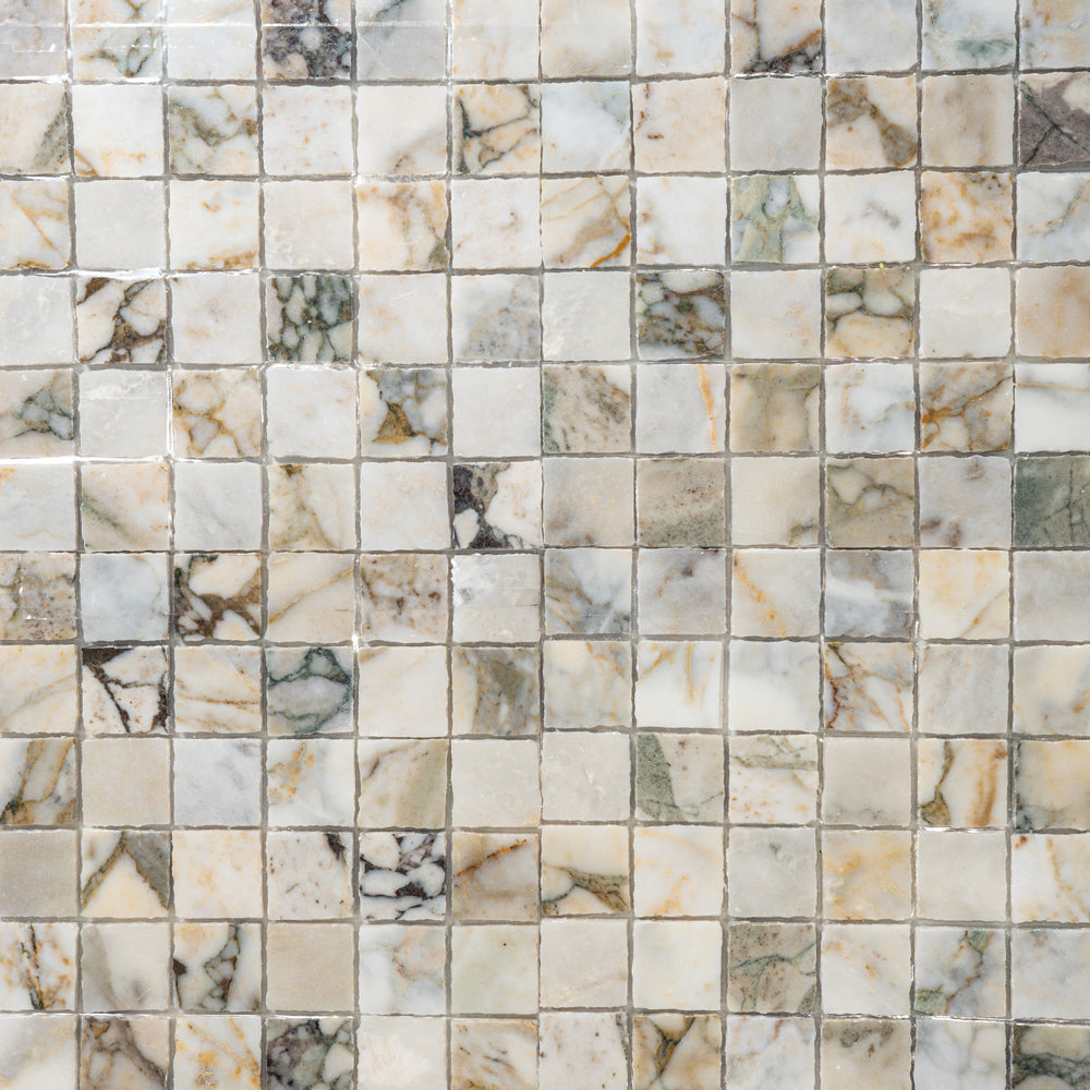 Marble Systems Hand Clipped Mosaic Calacatta Green matte marble tile pattern swatch — available at Surface Group
