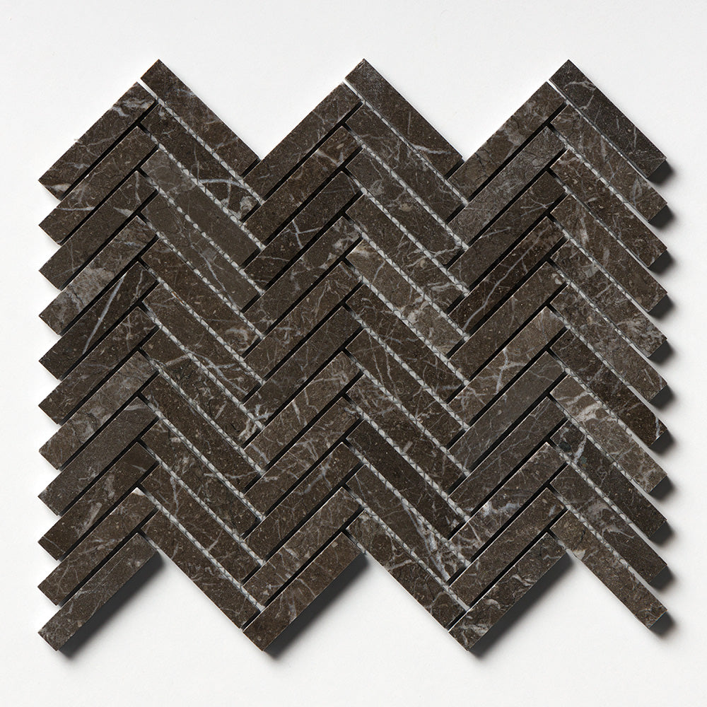 Iris Black Honed Herringbone Marble Mosaic 12 1/8×13 3/8 Image