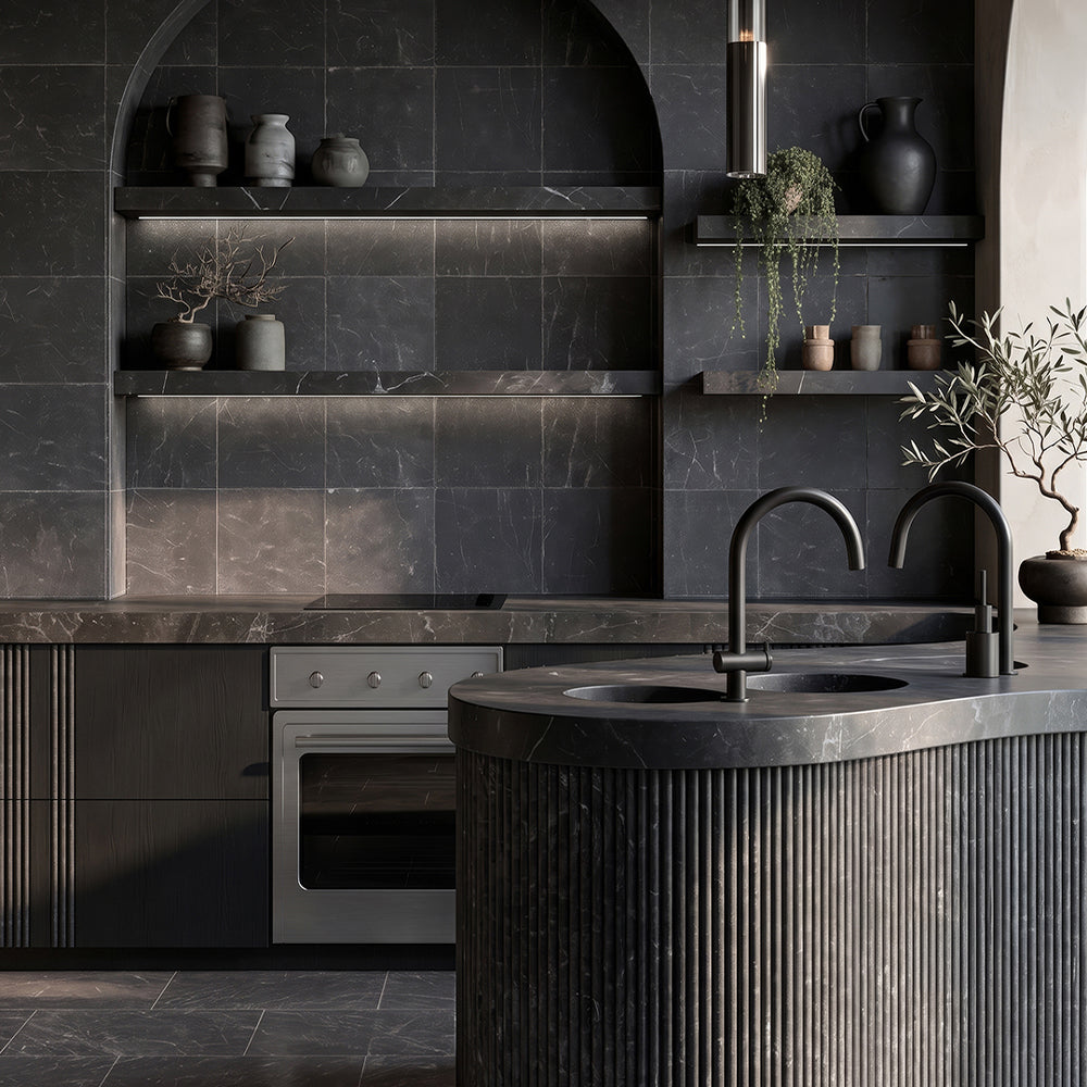 Iris Black Brushed Marble Tiles 8×8 (TL18138) Iris Black Honed Thin Fluted Marble Accent Tiles 4×18 (ML01021)