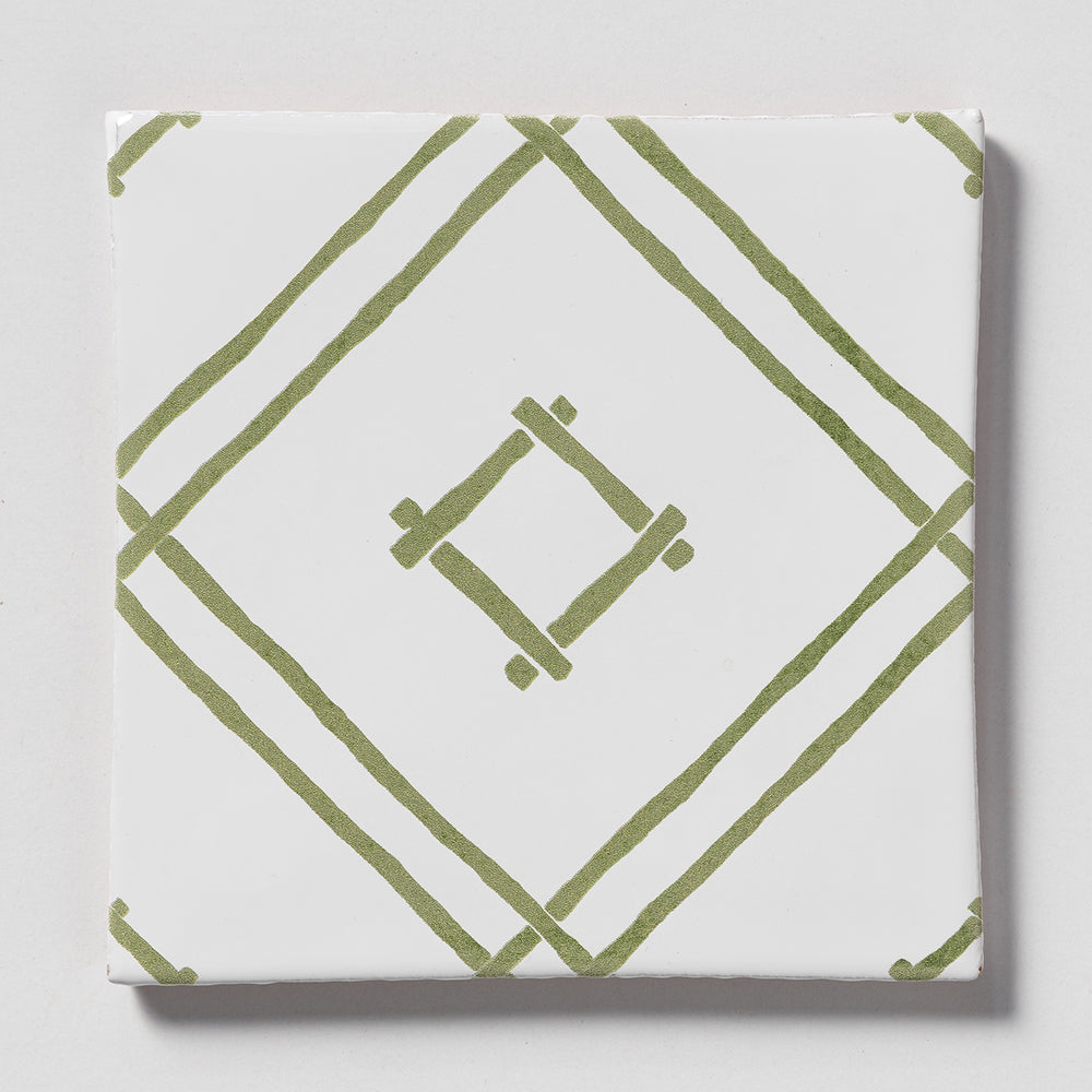 Island House Reverse Royal White, Palm Glossy Chez Bamboo Terracotta Tile 6×6 Image
