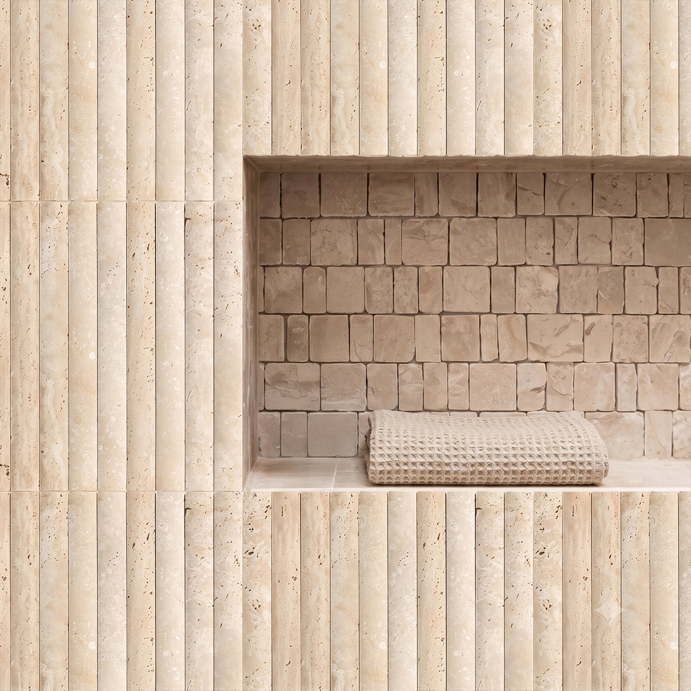 Ivory Unfilled Ion Travertine Mosaics 12×12 (MS02605) Diana Royal Honed Scarpa Rough Cut Marble Mosaics (MS02846)