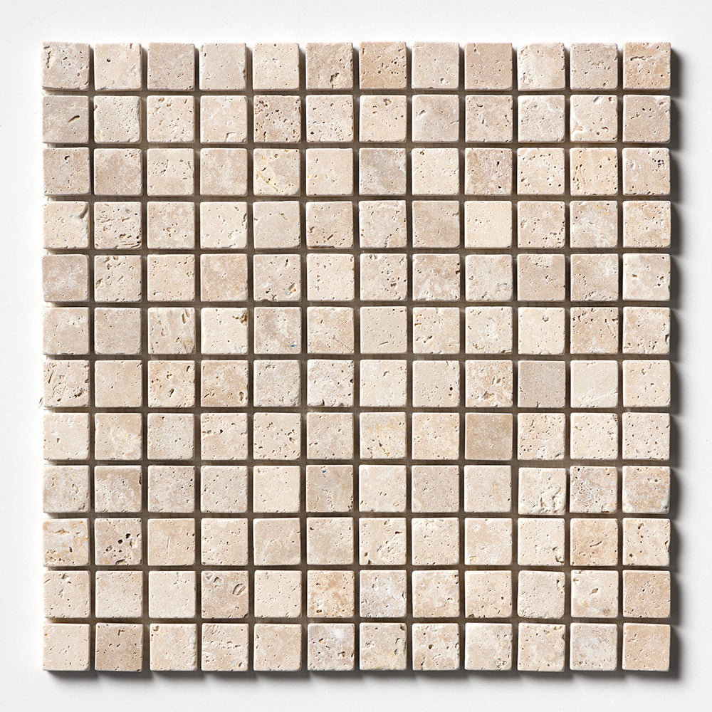 Ivory Tumbled 1×1 Travertine Mosaic 12×12 Image