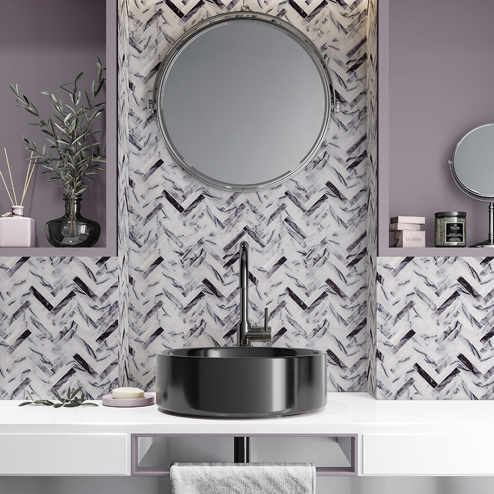 Lilac Honed Herringbone 5/8×3 Marble Mosaics 10 7/16×12 13/16