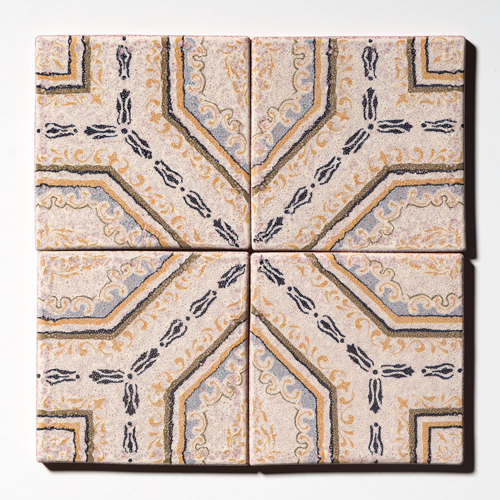 Marble Systems Maina Terracotta Beige, Black, Yellow glossy terracotta tile pattern swatch — available at Surface Group
