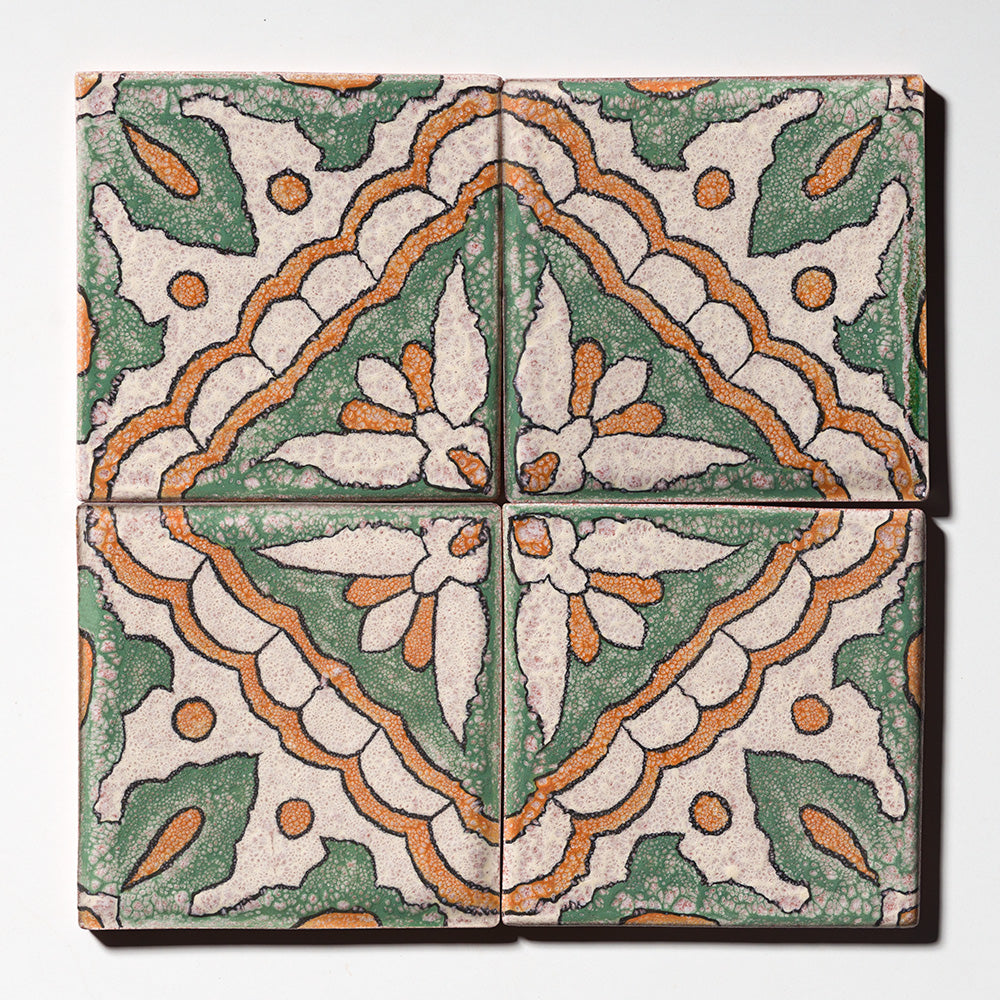Marble Systems Maina Terracotta Beige, Green, Orange glossy terracotta tile pattern swatch — available at Surface Group