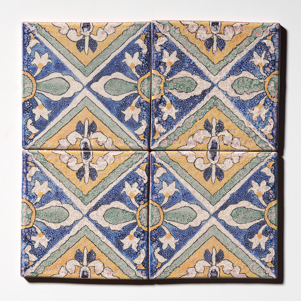 Marble Systems Maina Terracotta Beige, Green, Yellow glossy terracotta tile pattern swatch — available at Surface Group