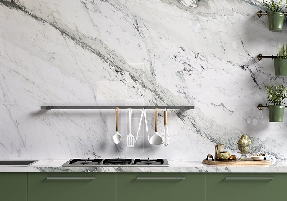 White and green marble slab kitchen countertop island and backsplash
