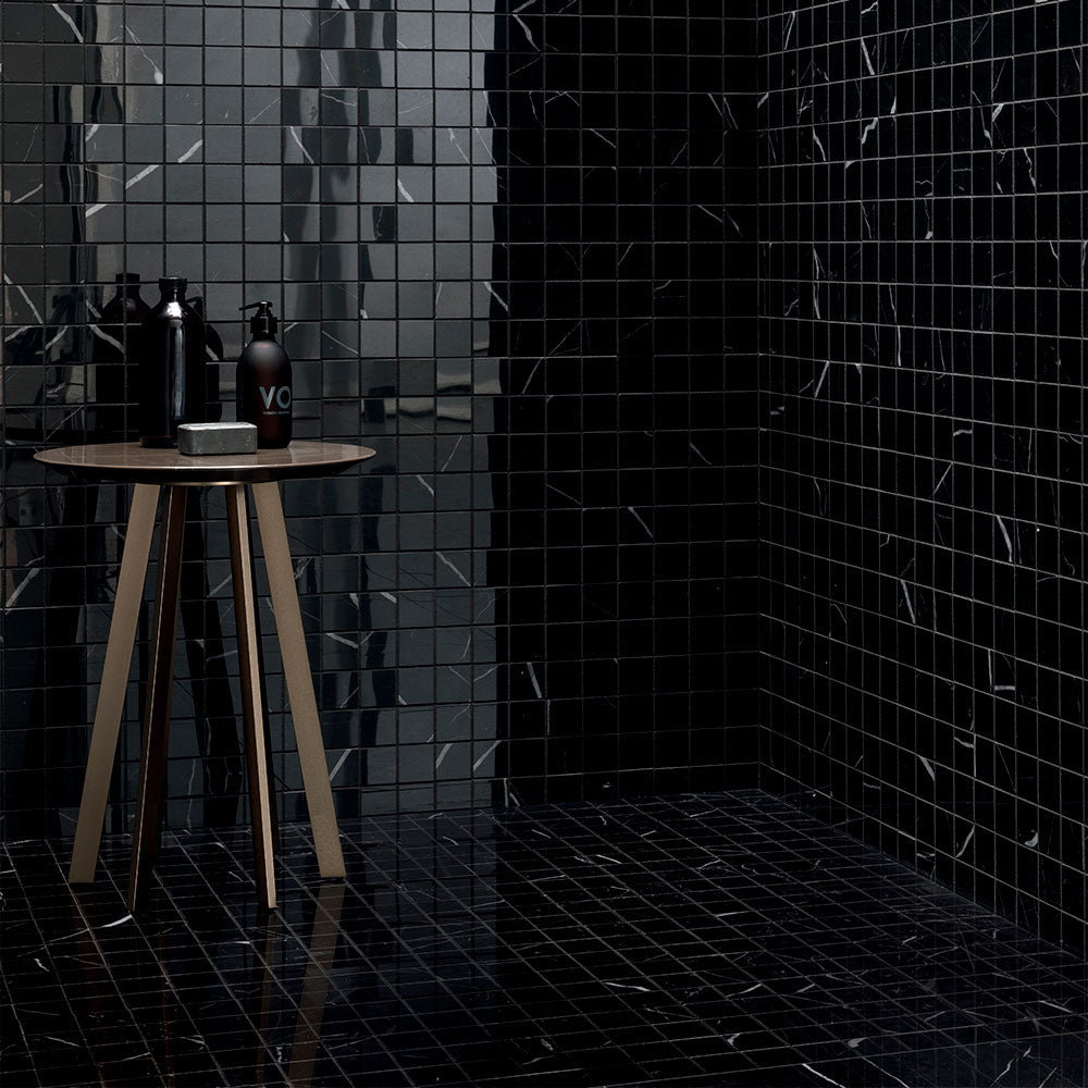 Marquina Nero Polished 2×2 Porcelain Mosaics 12×12