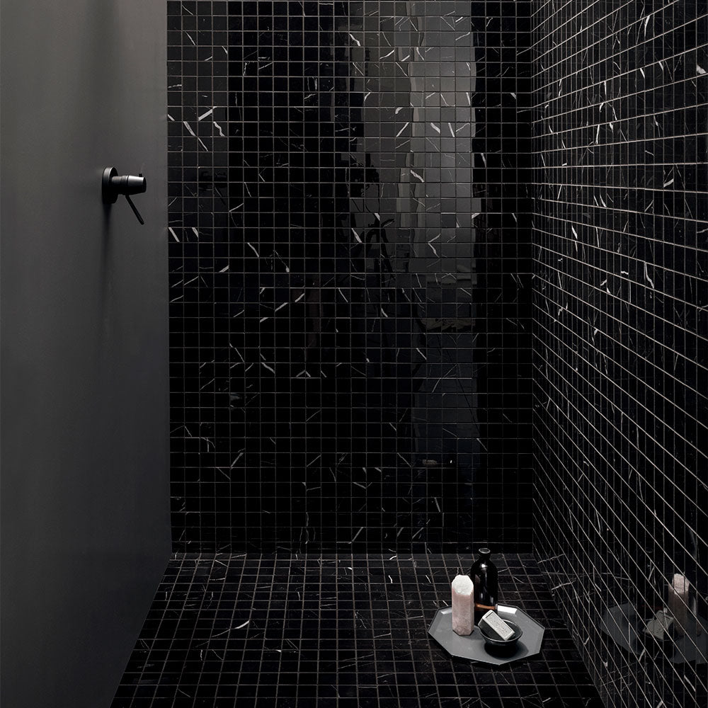 Marquina Nero Polished 2×2 Porcelain Mosaics 12×12
