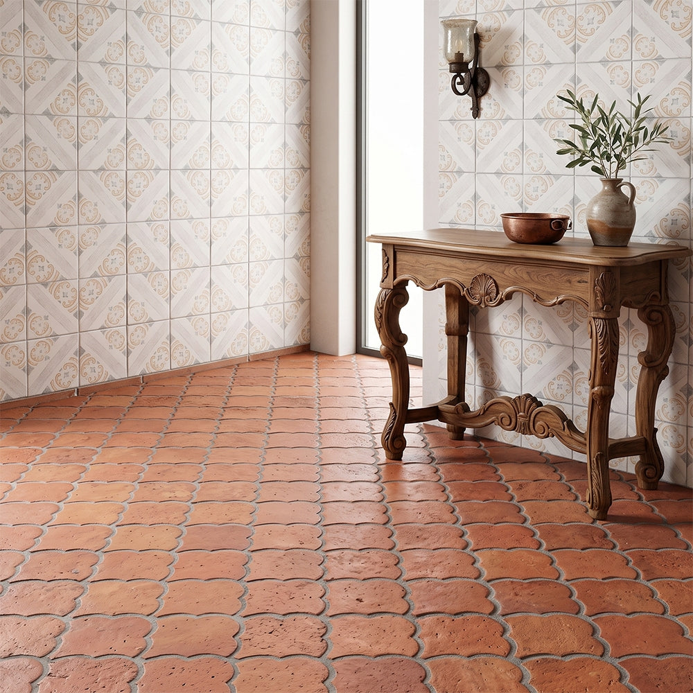 Catania Bianco Glossy Ceramic Tiles 6×6 (TL80394) Cotto Med Natural Fan Shape Terracotta Tiles 6 3/4×6 1/2 (TL90809)