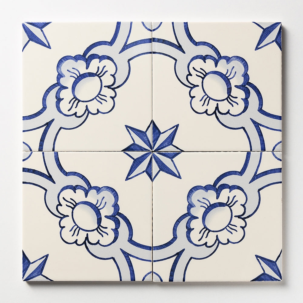 Marble Systems Miradouro Classic Ceramic Blue, White satin ceramic tile pattern swatch β available at Surface Group