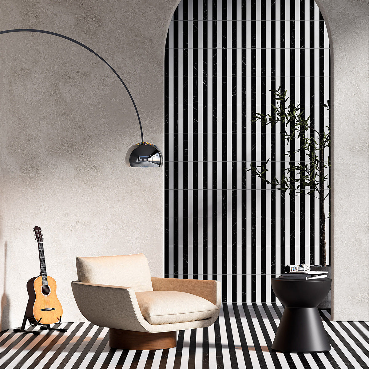 Black, Thassos Honed Mod Stripes Marble Mosaics 11 5/8×11 3/4