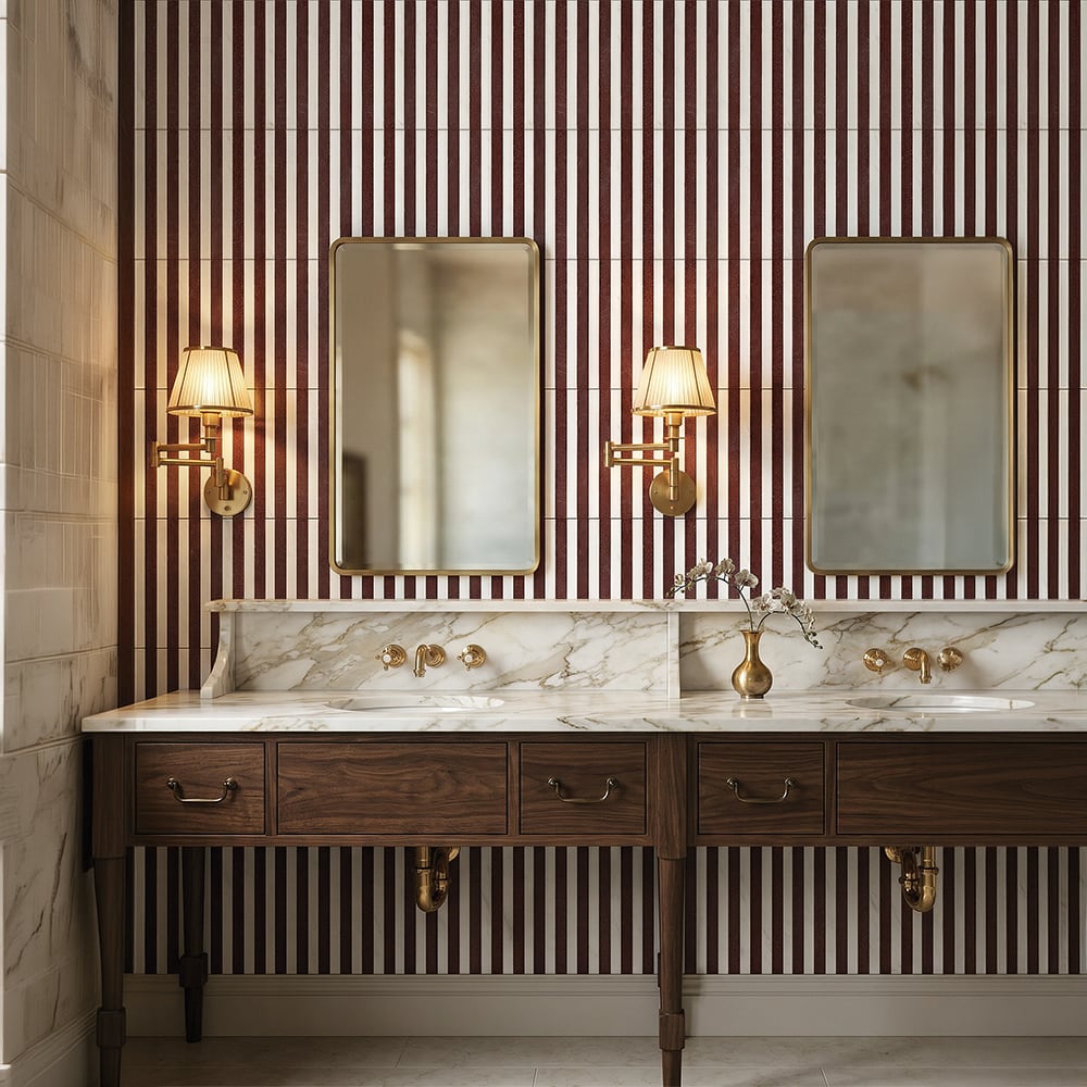 Snow White, Aegean Red Honed Mod Stripes Marble Mosaics 12×12 (MS02899)