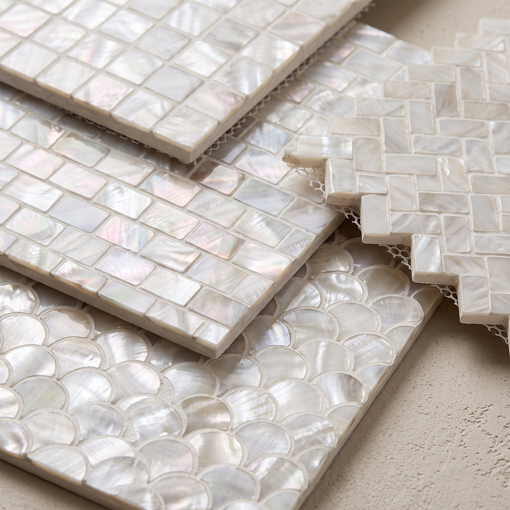 Marble Systems Mother of Pearl White glossy mother of pearl tile pattern design β available at Surface Group