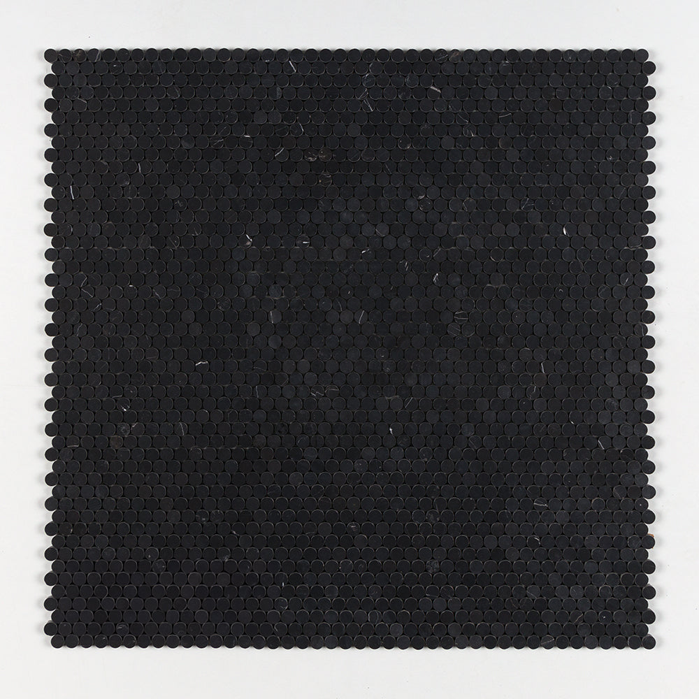 Marble Systems Penny Round Mosaic Black matte marble tile pattern swatch — available at Surface Group