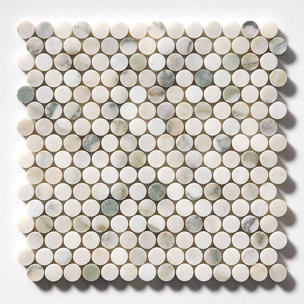 Calacatta Green Honed Penny Round Marble Mosaic 11 1/4Γ11 3/4 Image