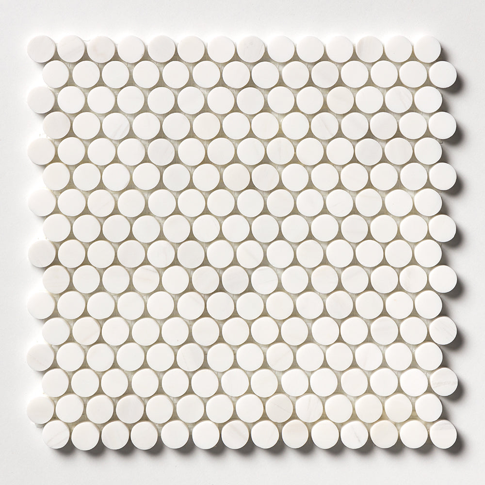 Snow White Honed Penny Round Marble Mosaic 11 1/4×11 3/4 Image