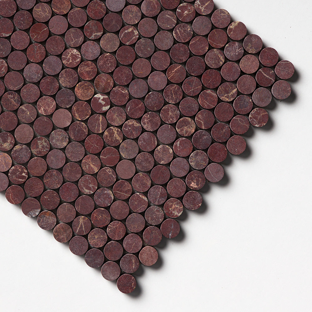 Red Bordeaux Honed Penny Round Marble Mosaics 11 1/4×11 3/4 (MS02565)