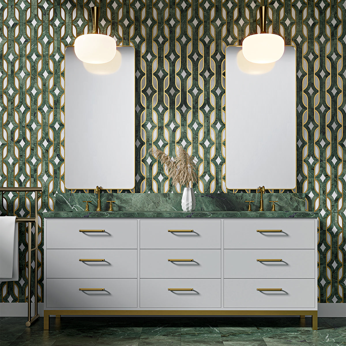 Snow White, Brass, Verde Tia Honed Butterfly Marble Mosaic 7 13/16×11 3/4 (YNR10174)