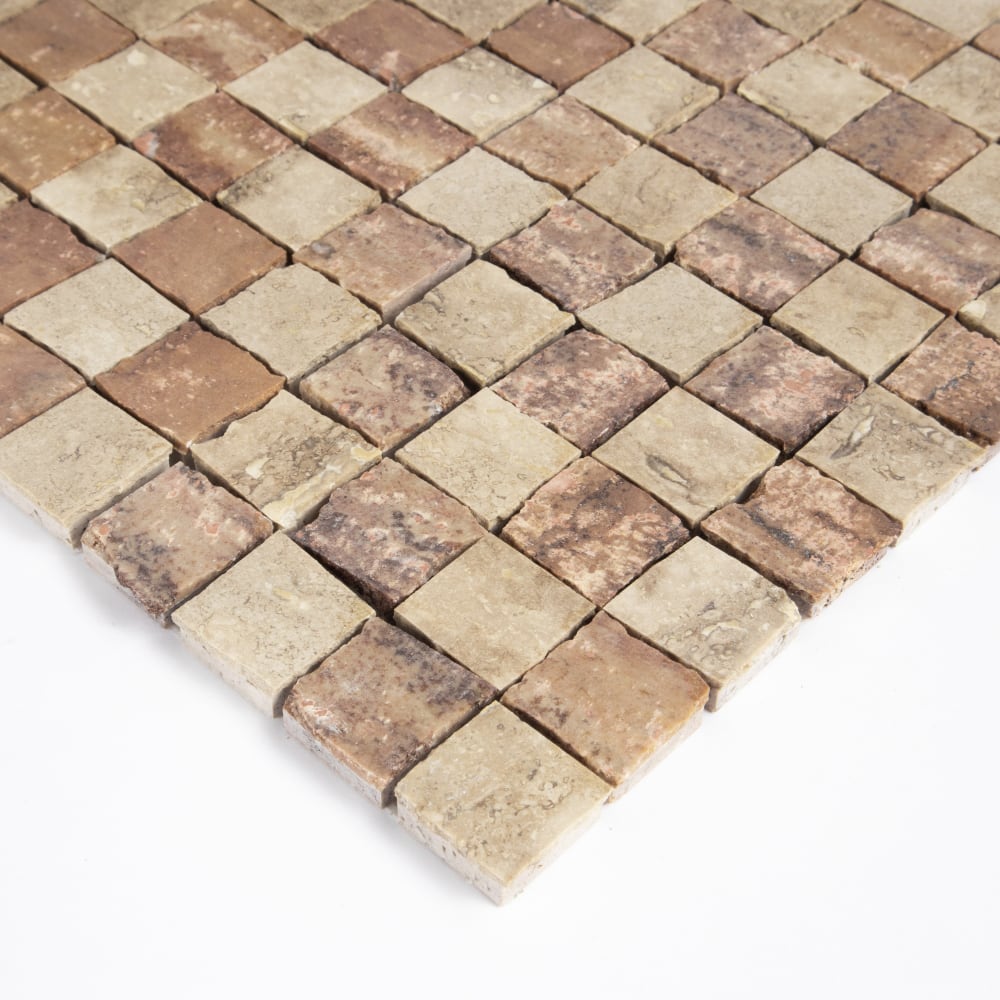 Roman Travertine, Scabas Red Travertine Honed Hand Clipped 1×1 Travertine Mosaics 11 3/4×11 3/4 (MS90954)