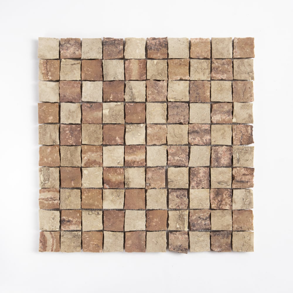 Roman Travertine, Scabas Red Travertine Honed Hand Clipped 1×1 Travertine Mosaics 11 3/4×11 3/4