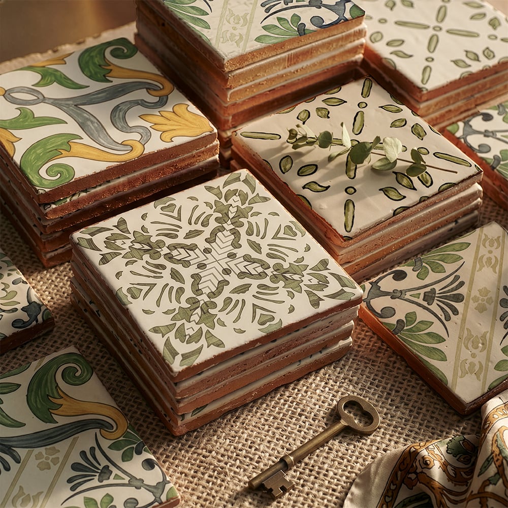 Marble Systems Seine Terracotta Beige, Green matte terracotta tile pattern design — available at Surface Group