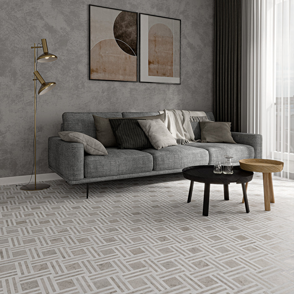 Silver Clouds, Snow White Multi Finish Maze Basket Marble Mosaic 14 15/16Γ17 11/16 (MS01759)