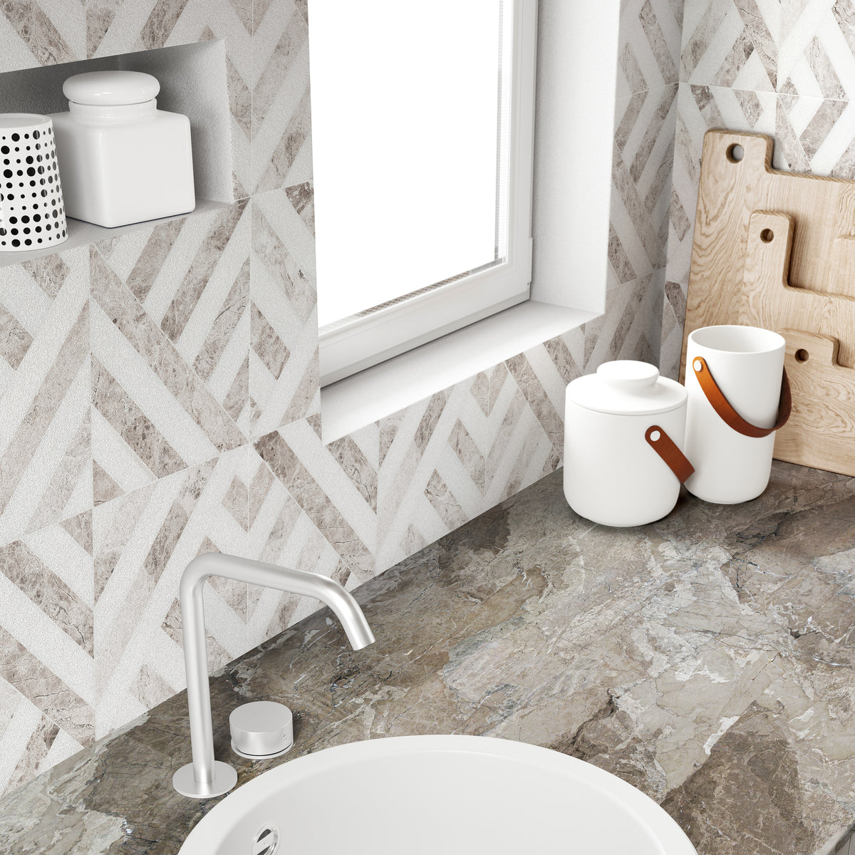 Silver Shadow, Snow White Honed Ponte Marble Mosaic 14 5/16Γ14 5/16 (MS01541)