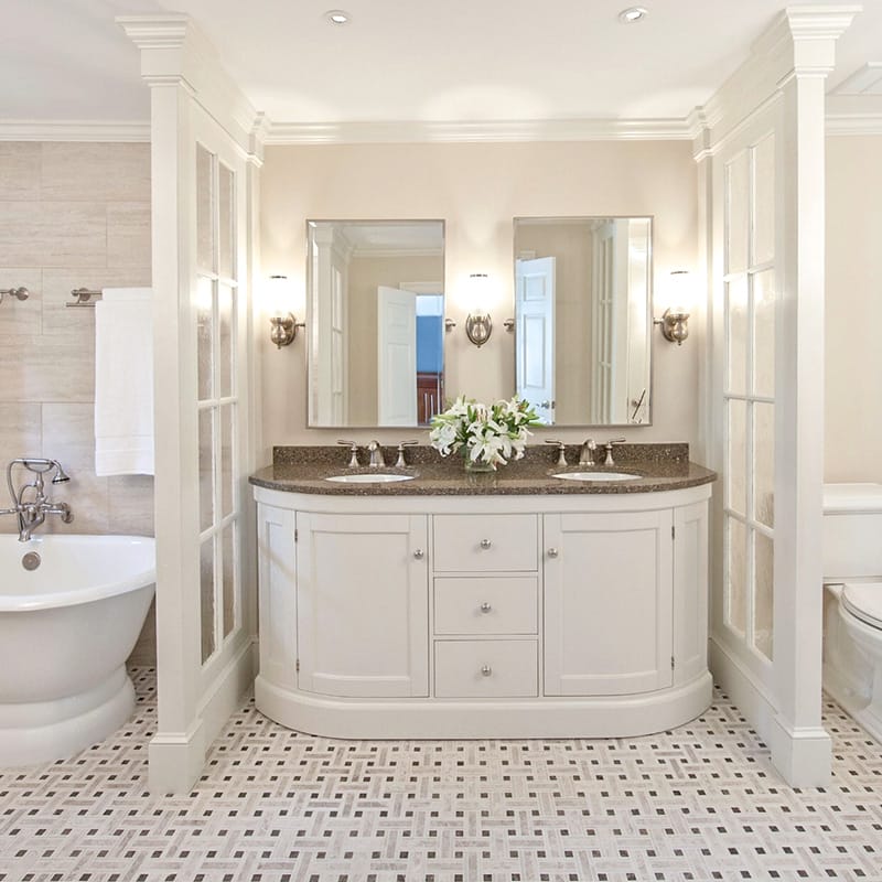 Honed silver travertine mosaic tile in a glamorous bathroom