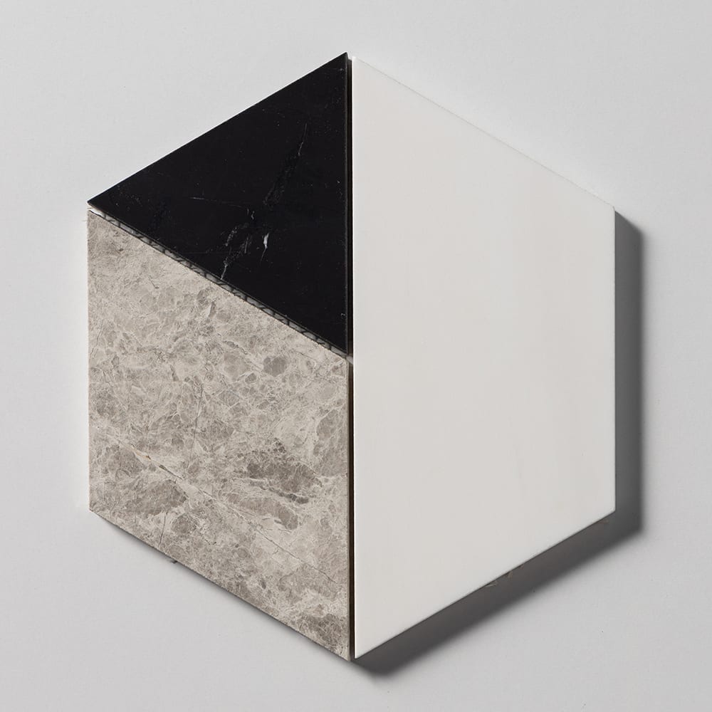 Snow White, Black, Silver Shadow Honed Prismatic Blend Marble Mosaic 8×9 1/16 Image