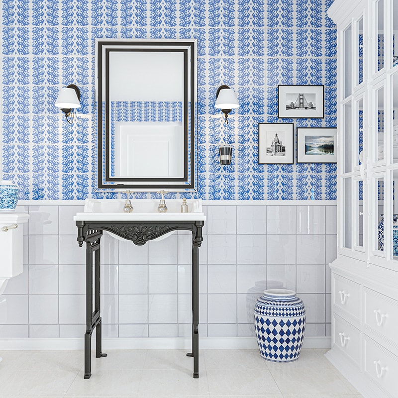 Snow White, Blue Glossy Cecil Stripe Ceramic Tile 6×6 (XSP90006)