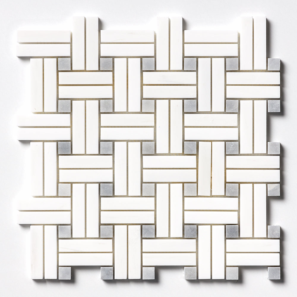 Snow White Honed Diagonal Basket Weave Marble Mosaic 12Γ12 Image