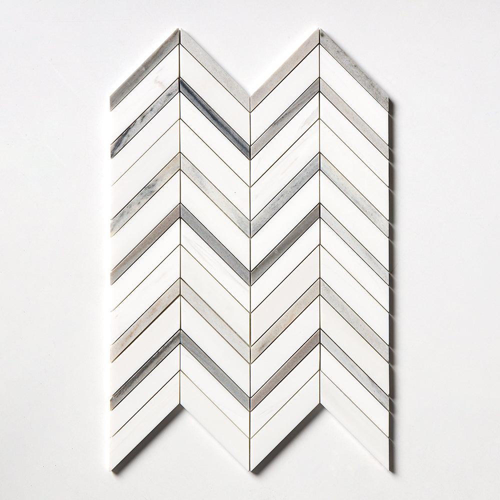 Snow White, Skyline Polished Chevron Fusion Marble Mosaic 16×11 7/8 Image