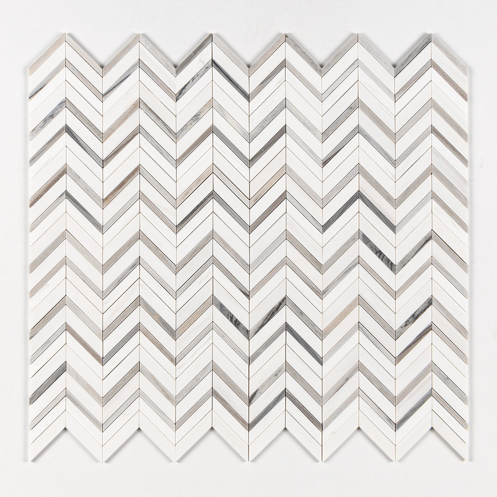 Marble Systems Snow White Skyline Chevron Fusion glossy marble tile pattern swatch — available at Surface Group