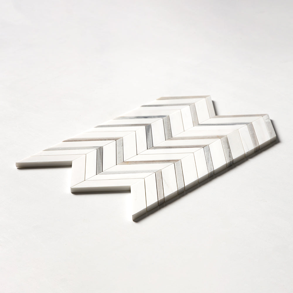 Snow White, Skyline Honed Chevron Fusion Waterjet Marble Mosaics 16×11 7/8 (NW00083)
